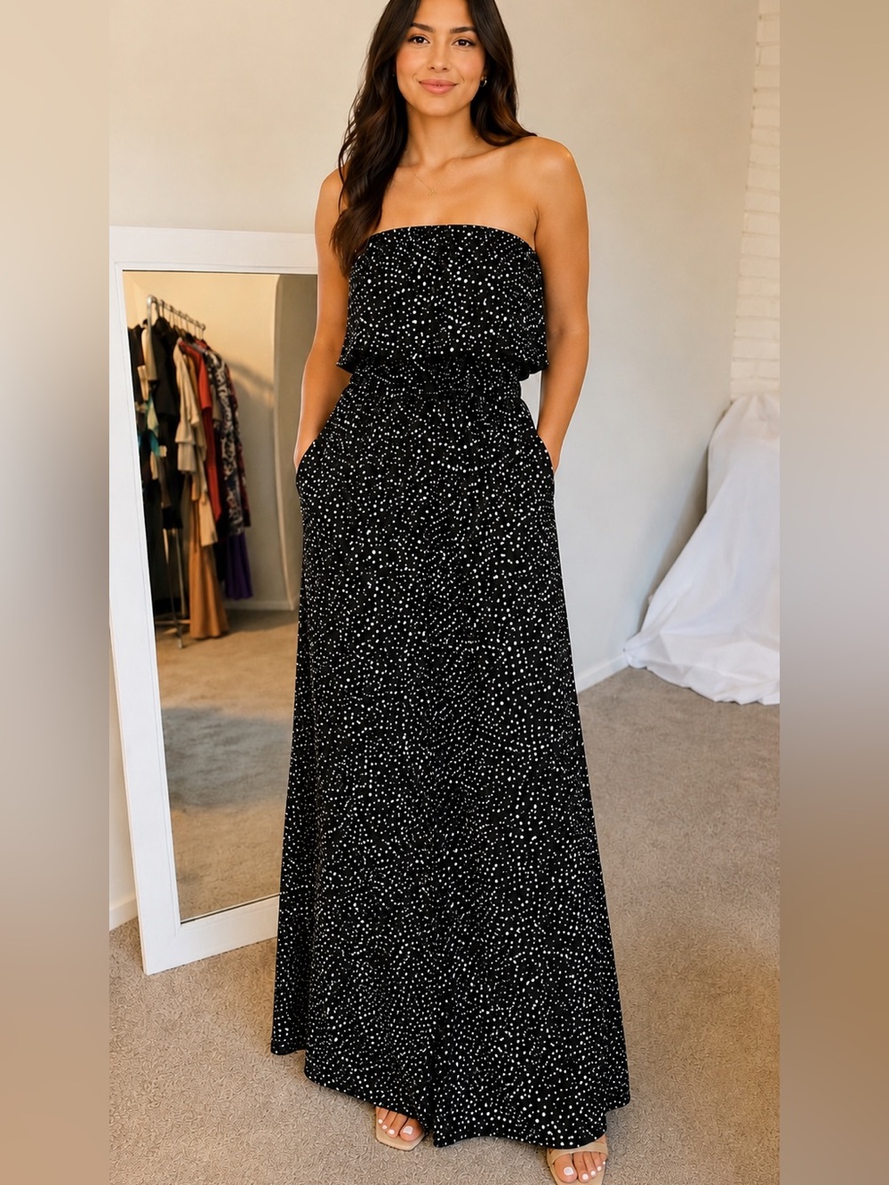 Yidarton Black and White Polka Dot Strapless Boho Maxi Dress